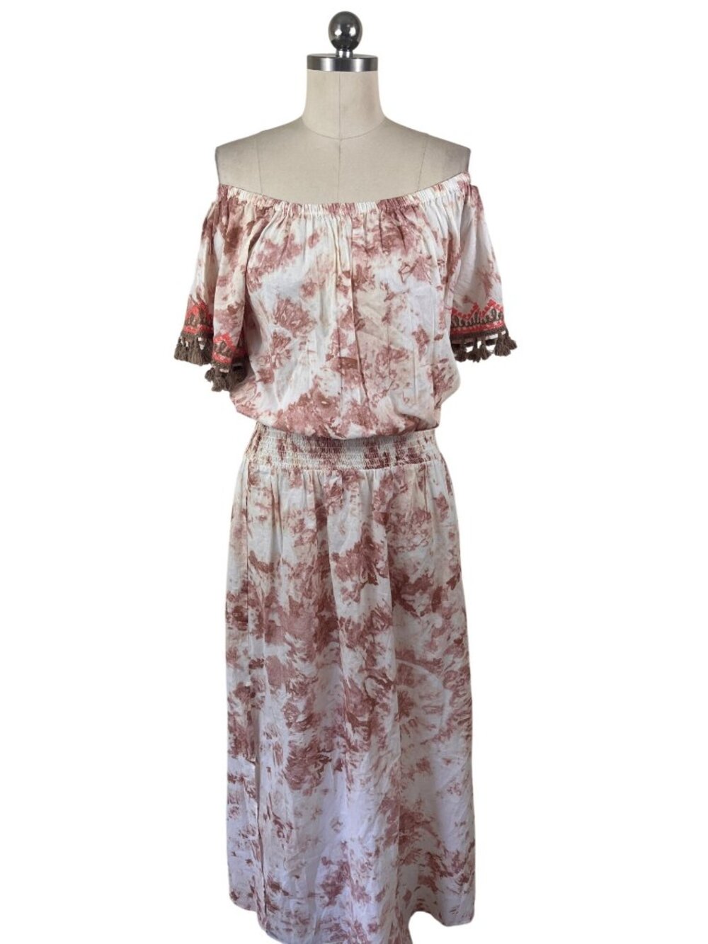 Venus Tie Dyed Maxi Dress Womens Large Brown Off Shoulder Tassel Boho-Chic